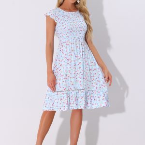 Midi Smocked Cap Short Sleeve Floral Fit and Flare Dress Blue/L - Allegra K catalog