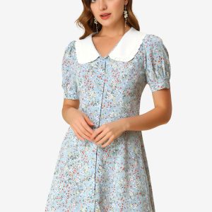 Peter Pan Collar Flowy Short Sleeve Ruffle Summer Floral Shirt Dress Blue/XL - Allegra K catalog