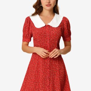 Peter Pan Collar Flowy Short Sleeve Ruffle Summer Floral Shirt Dress Red/XS - Allegra K catalog