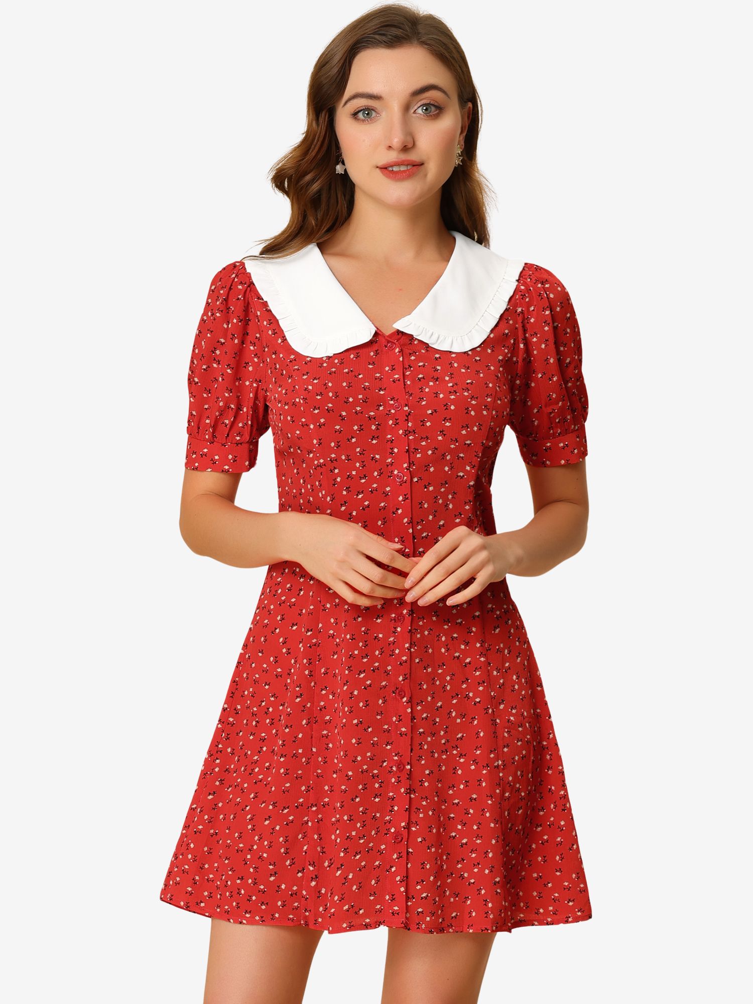 Peter Pan Collar Flowy Short Sleeve Ruffle Summer Floral Shirt Dress Red/XS - Allegra K catalog