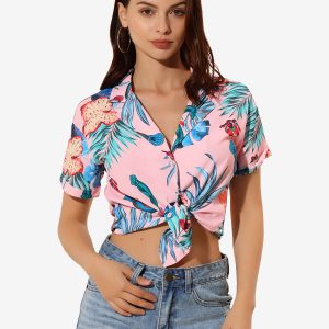 Hawaiian Floral Leaves Tropical Button Down Shirt Pink A/XL - Allegra K catalog