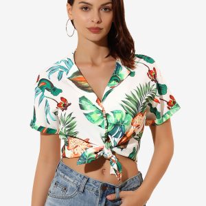 Hawaiian Floral Leaves Tropical Button Down Shirt Whites/M - Allegra K catalog
