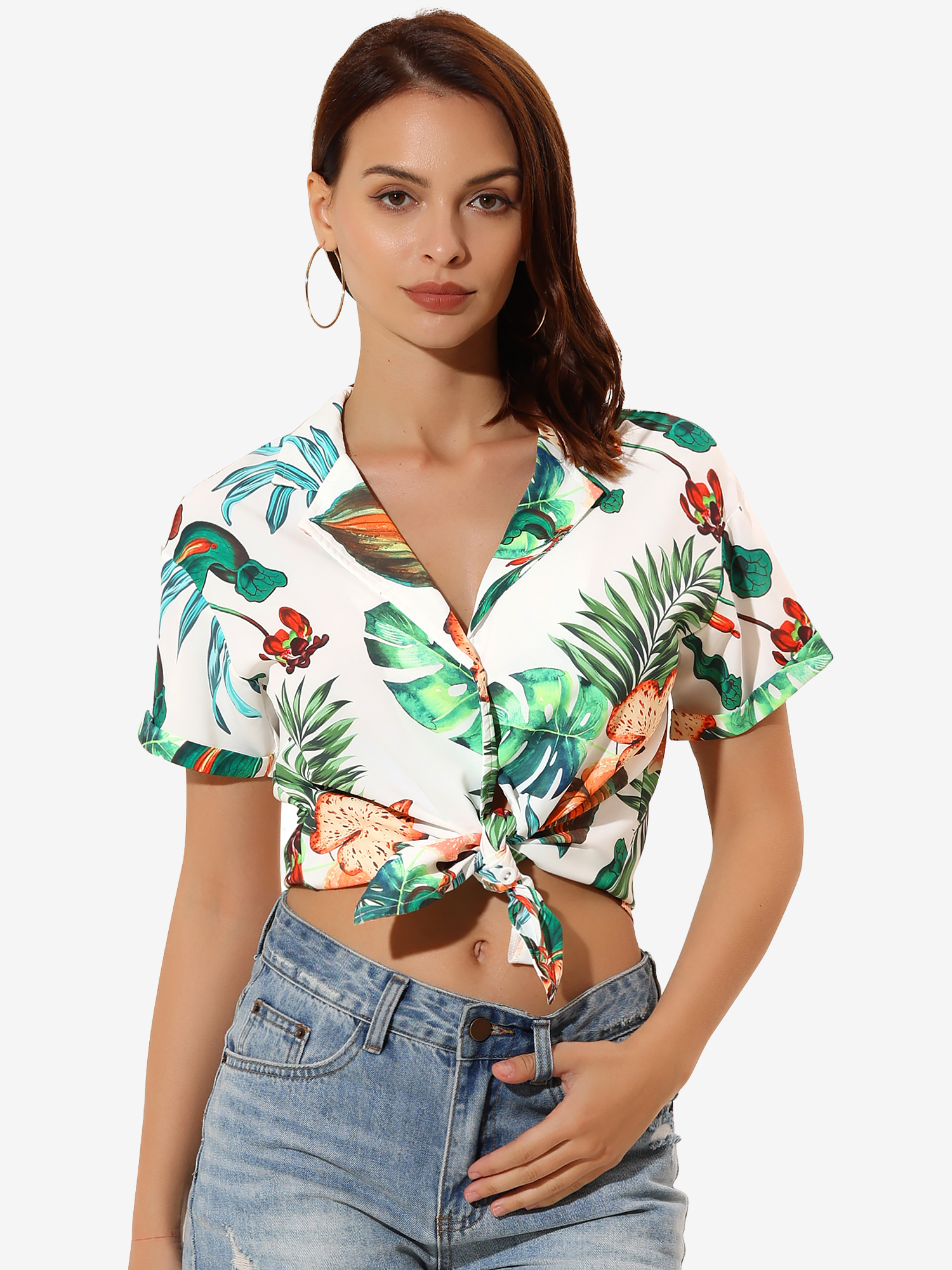 Hawaiian Floral Leaves Tropical Button Down Shirt Whites/M - Allegra K catalog