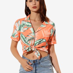Hawaiian Floral Leaves Tropical Button Down Shirt Orange Green/XL - Allegra K catalog