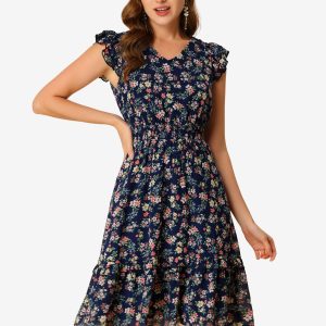 Floral Flutter Sleeve V Neck Smocked Ruffle Dress Navy/XS - Allegra K catalog