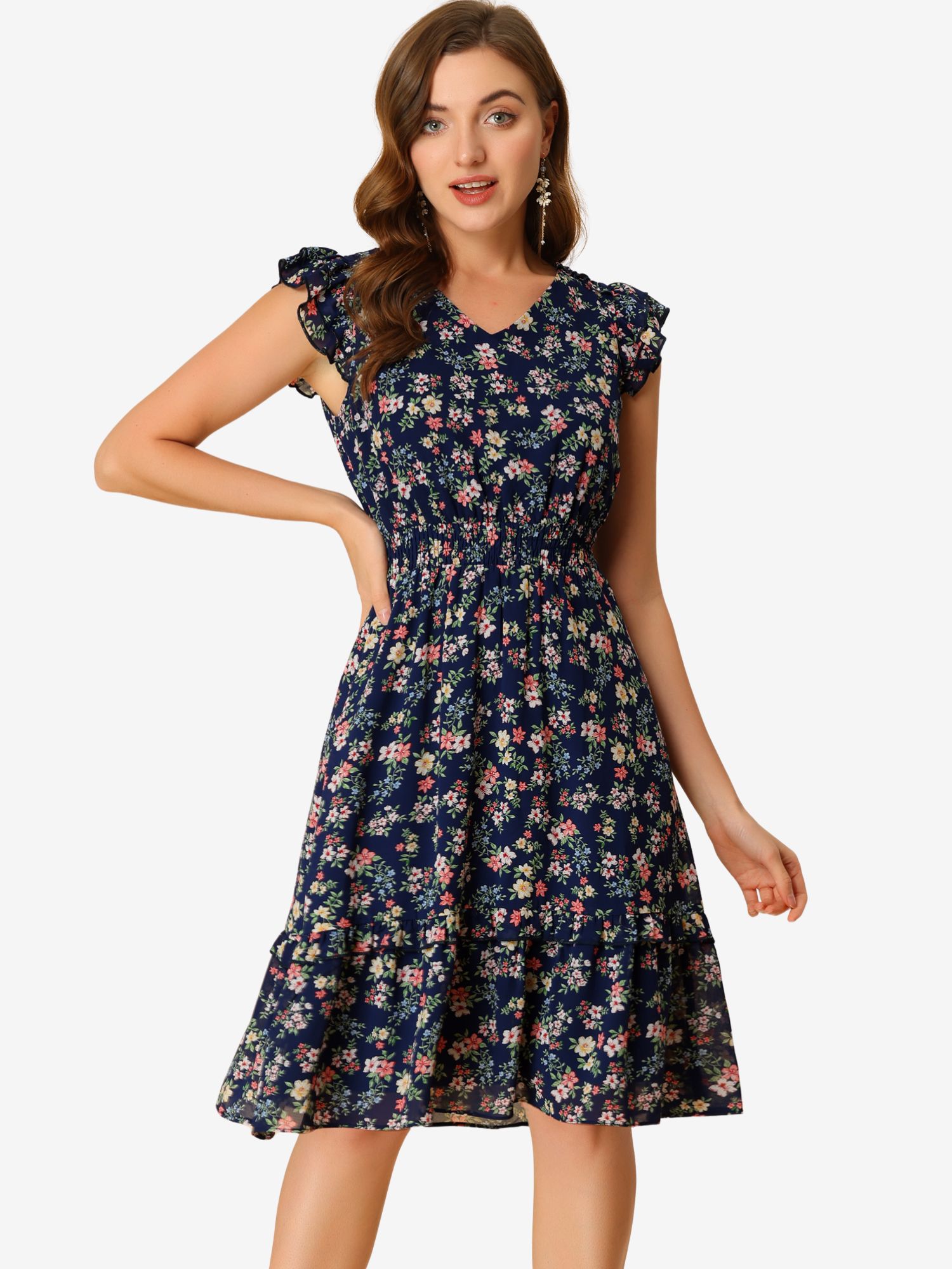 Floral Flutter Sleeve V Neck Smocked Ruffle Dress Navy/S - Allegra K catalog