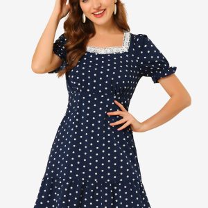 Summer Sweetheart Neck Ruffled Hem Puff Short Sleeve Polka Dots Dress Dark Blue/XS - Allegra K catalog