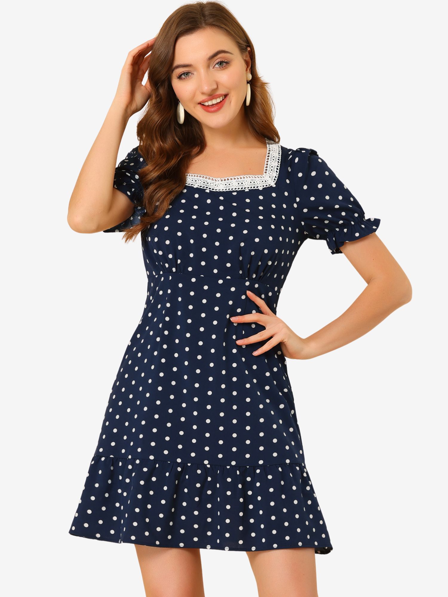 Summer Sweetheart Neck Ruffled Hem Puff Short Sleeve Polka Dots Dress Dark Blue/M - Allegra K catalog