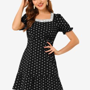 Summer Sweetheart Neck Ruffled Hem Puff Short Sleeve Polka Dots Dress Black/XL - Allegra K catalog
