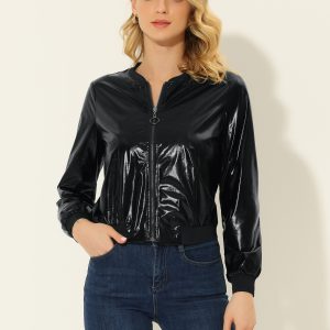 Holographic Shimmering Metallic Lightweight Bomber Jacket Black/L - Allegra K catalog