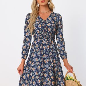 Floral Print V-Neck Long Sleeve Smocked Waist Midi Dress Black Blue/XL - Allegra K catalog