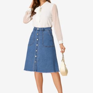 Denim Raw Hem Button Down Midi Jeans Skirt Blue/L - Allegra K catalog