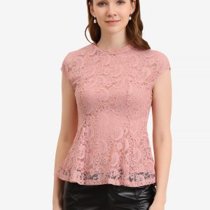 Crochet Peplum Floral Mock Neck Cap Sleeve Lace Blouse Pink/XS - Allegra K catalog