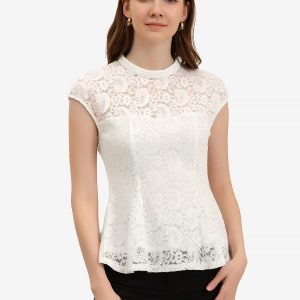 Crochet Peplum Floral Mock Neck Cap Sleeve Lace Blouse White/L - Allegra K catalog