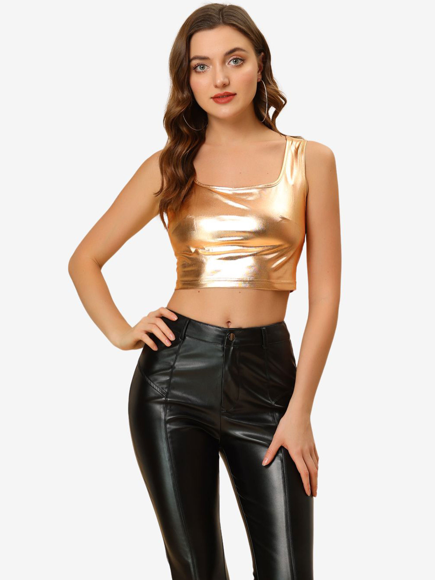 Sleeveless U Neck Party Holographic Shiny Metallic Crop Top Rose Gold/L - Allegra K catalog
