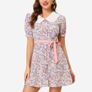 Peter Pan Collar Flowy Short Sleeve Ruffle Summer Floral Shirt Dress Pink/XL - Allegra K catalog
