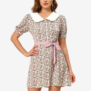 Peter Pan Collar Flowy Short Sleeve Ruffle Summer Floral Shirt Dress White/S - Allegra K catalog