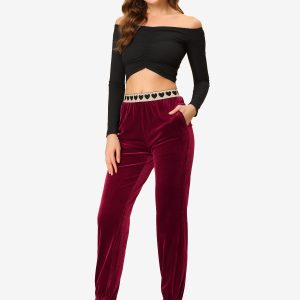 Casual Elastic Waist Athleisure Ankle Length Velvet Joggers Pants Burgundy/S - Allegra K catalog
