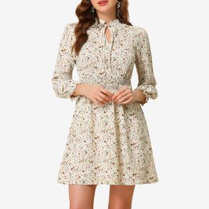 Smocked Waist Tie Neck Floral Long Sleeve Dress Beige/S - Allegra K catalog