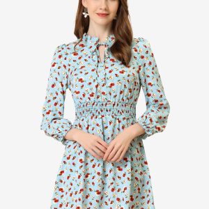 Smocked Waist Tie Neck Floral Long Sleeve Dress Light Blue/M - Allegra K catalog
