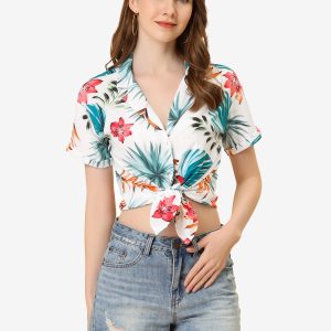Hawaiian Floral Leaves Tropical Button Down Shirt White Floral/S - Allegra K catalog
