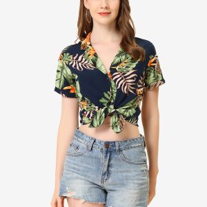Hawaiian Floral Leaves Tropical Button Down Shirt Navy Blue/XS - Allegra K catalog