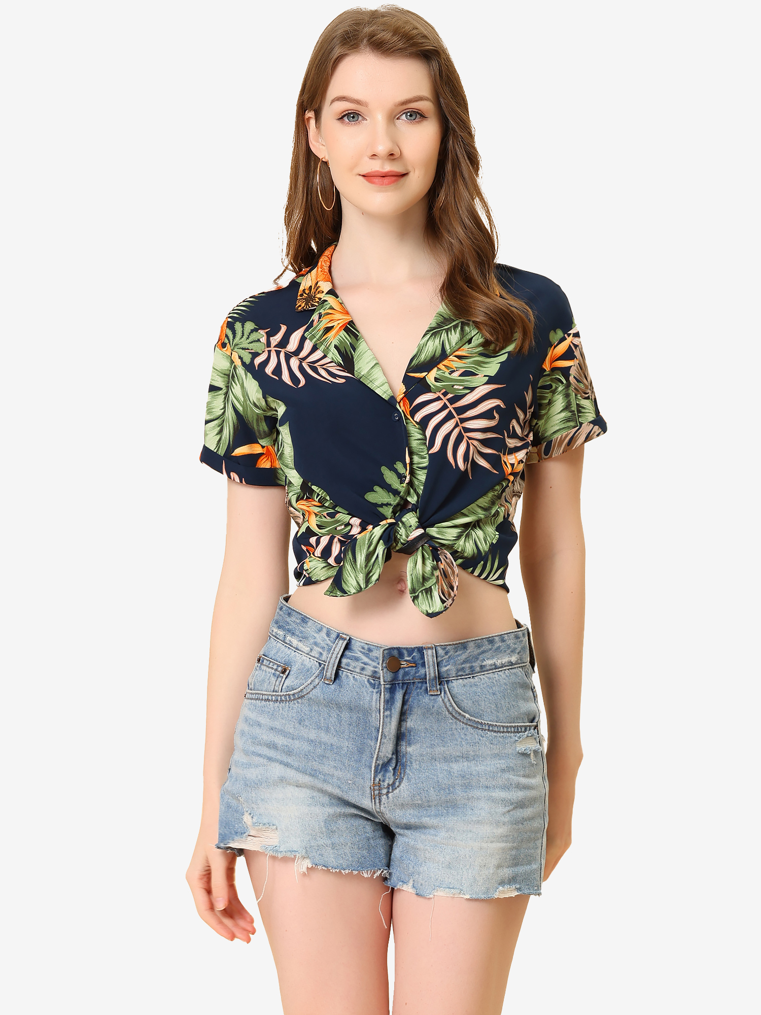Hawaiian Floral Leaves Tropical Button Down Shirt Navy Blue/M - Allegra K catalog