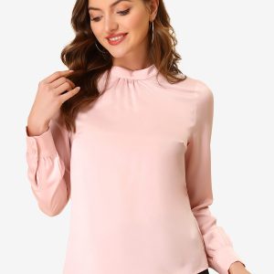 Satin Blouse Puff Sleeve Stand Collar Work Top Pink/S - Allegra K catalog