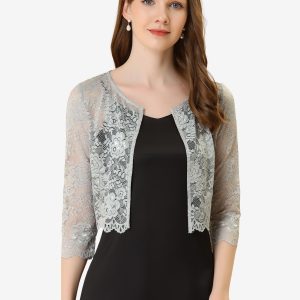 Allegra K Elegant Sheer Floral Lace Cropped Bolero Shrug Gray/M - Allegra K catalog