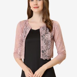 Allegra K Elegant Sheer Floral Lace Cropped Bolero Shrug Grey Pink/M - Allegra K catalog