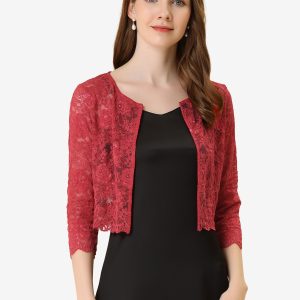 Allegra K Elegant Sheer Floral Lace Cropped Bolero Shrug Red/XS - Allegra K catalog
