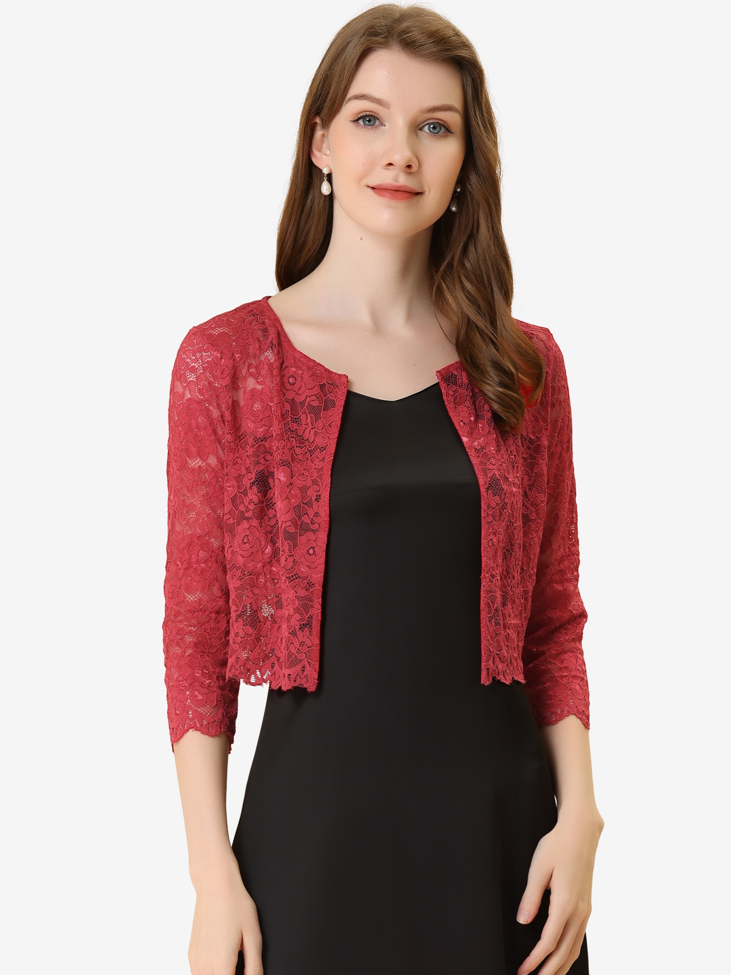 Allegra K Elegant Sheer Floral Lace Cropped Bolero Shrug Red/S - Allegra K catalog