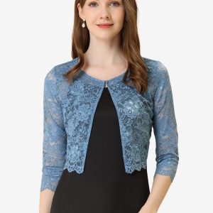 Allegra K Elegant Sheer Floral Lace Cropped Bolero Shrug Grey Blue/S - Allegra K catalog