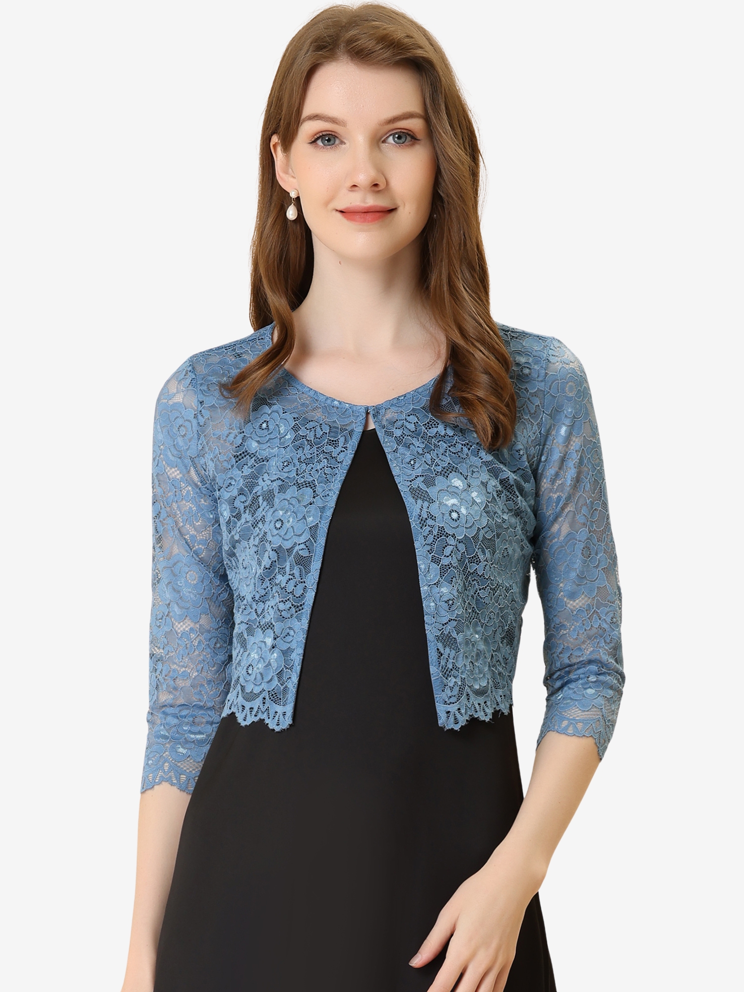 Allegra K Elegant Sheer Floral Lace Cropped Bolero Shrug Grey Blue/S - Allegra K catalog