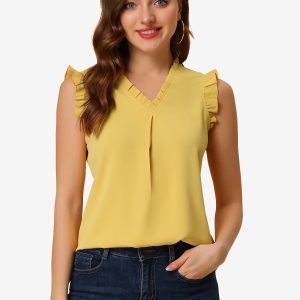 Ruffled Sleeveless Blouse 1950s Vintage Work Business Tops Yellow/M - Allegra K catalog