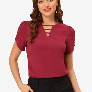 Cutout Round Neck Cap Sleeve Casual Top Burgundy/M - Allegra K catalog