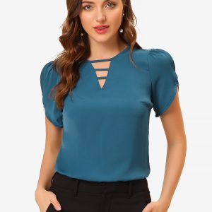 Cutout Round Neck Cap Sleeve Casual Top Navy Blue/XS - Allegra K catalog