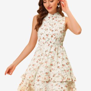 Floral A-line Smocked Waist Tiered Ruffled Chiffon Mini Dress White-Floral/XL - Allegra K catalog