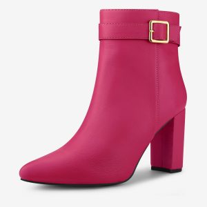 Pointed Toe Buckle Decor Heel Ankle Booties Hot Pink/6 - Allegra K catalog
