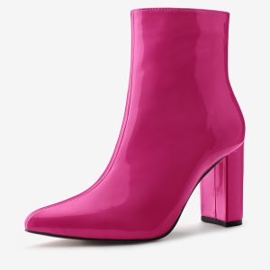Faux Patent Leather Chunky Heel Pointed Toe Zipper Ankle Boots HotPink/7 - Allegra K catalog