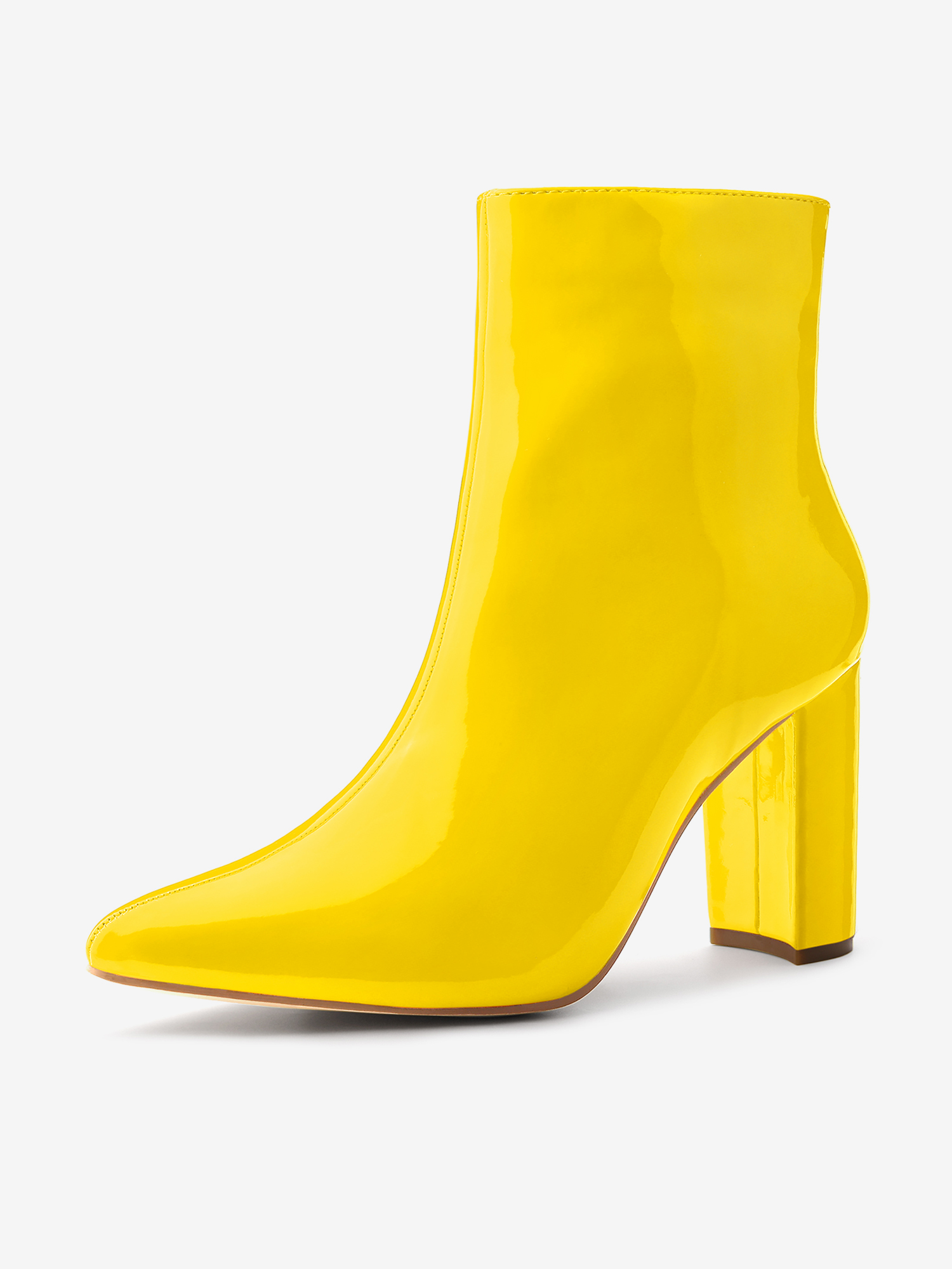 Faux Patent Leather Chunky Heel Pointed Toe Zipper Ankle Boots Yellow/5.5 - Allegra K catalog