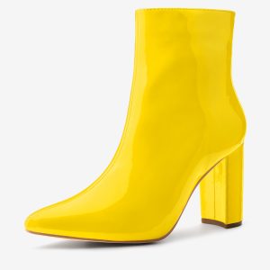 Faux Patent Leather Chunky Heel Pointed Toe Zipper Ankle Boots Yellow/6 - Allegra K catalog