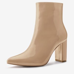 Faux Patent Leather Chunky Heel Pointed Toe Zipper Ankle Boots Nude/7 - Allegra K catalog