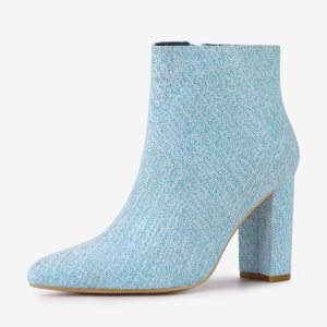 Glitter Pointed Toe Chunky Heel Zipper Ankle Boots Blue/7 - Allegra K catalog