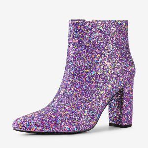 Glitter Pointed Toe Chunky Heel Zipper Ankle Boots Purple/8 - Allegra K catalog