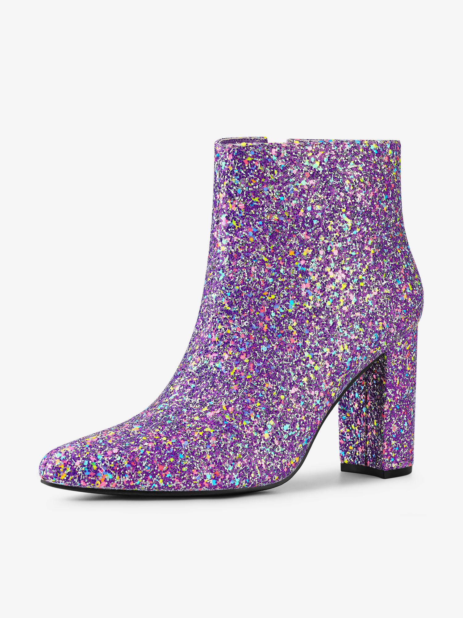 Glitter Pointed Toe Chunky Heel Zipper Ankle Boots Purple/9 - Allegra K catalog