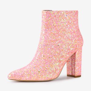 Glitter Pointed Toe Chunky Heel Zipper Ankle Boots Light Pink/5.5 - Allegra K catalog