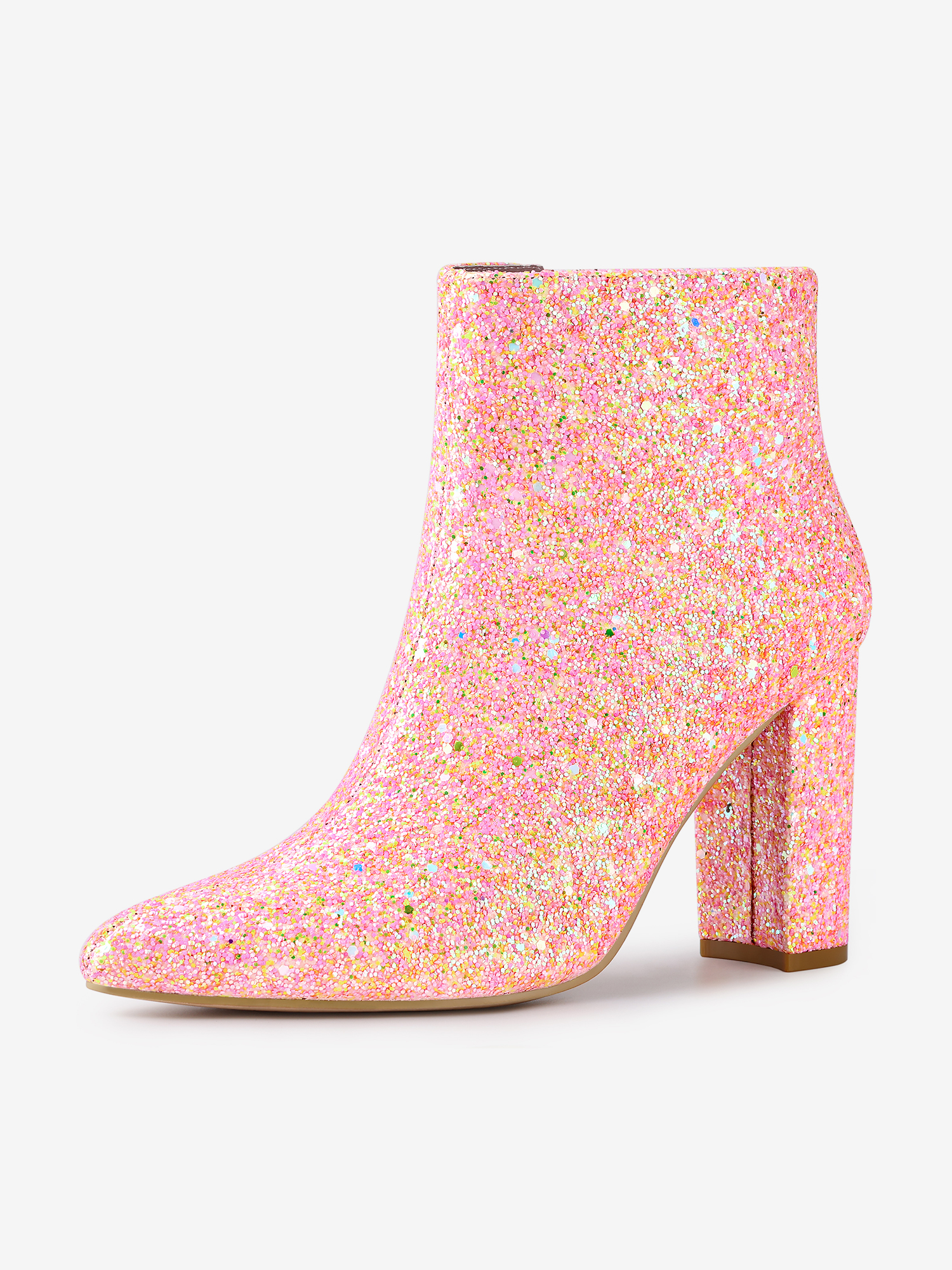 Glitter Pointed Toe Chunky Heel Zipper Ankle Boots Light Pink/7 - Allegra K catalog