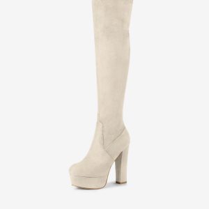 Faux Suede Platform Block Heel Over Knee High Boots Beige/6 - Allegra K catalog