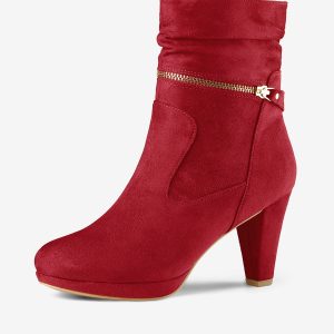Ankle Zip Platform High Heel Mid Calf Boots Red/9.5 - Allegra K catalog